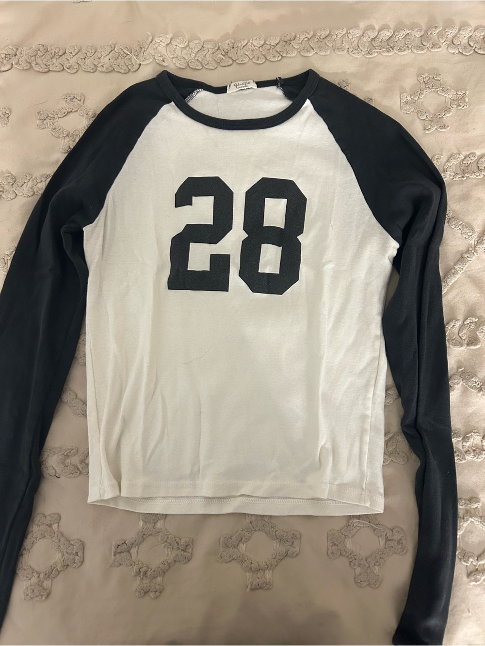 Brandy Melville White & Black Raglan '28' Long Sleeve Crop